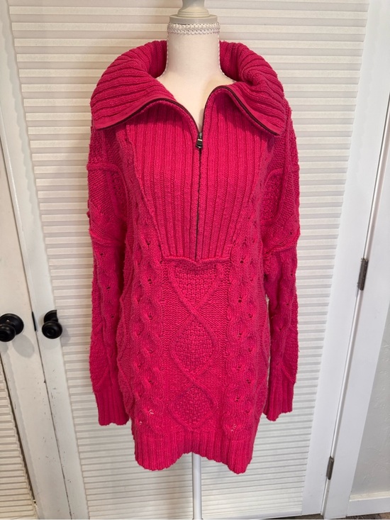 Free People Sweaters - Free People Driftwood Cable-Knit Half-Zip Sweater in Hot Pink 0990